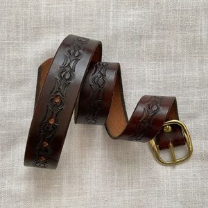 Handcrafted Brown Embossed Leather Belt Solid Brass Buckle Size 29”-34” …